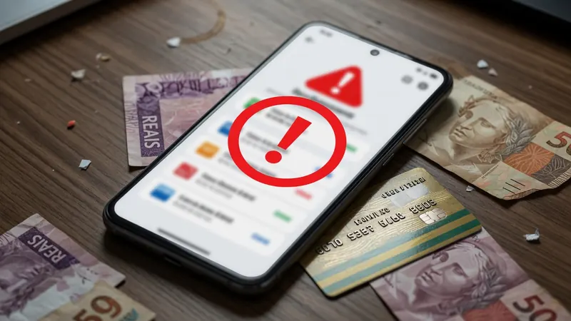 A smartphone on a wooden table displays a red warning symbol over blurred app icons.
