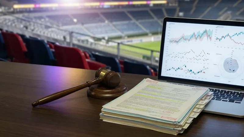 A wooden gavel rests on a desk beside a stack of legal documents and a laptop displaying financial charts.