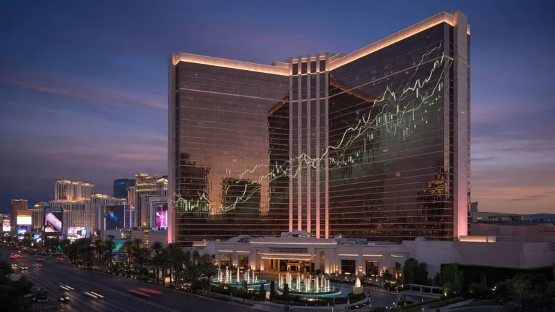 The Bellagio hotel and casino on the Las Vegas Strip at dusk, with a glowing green stock market graph superimposed on its glass facade.